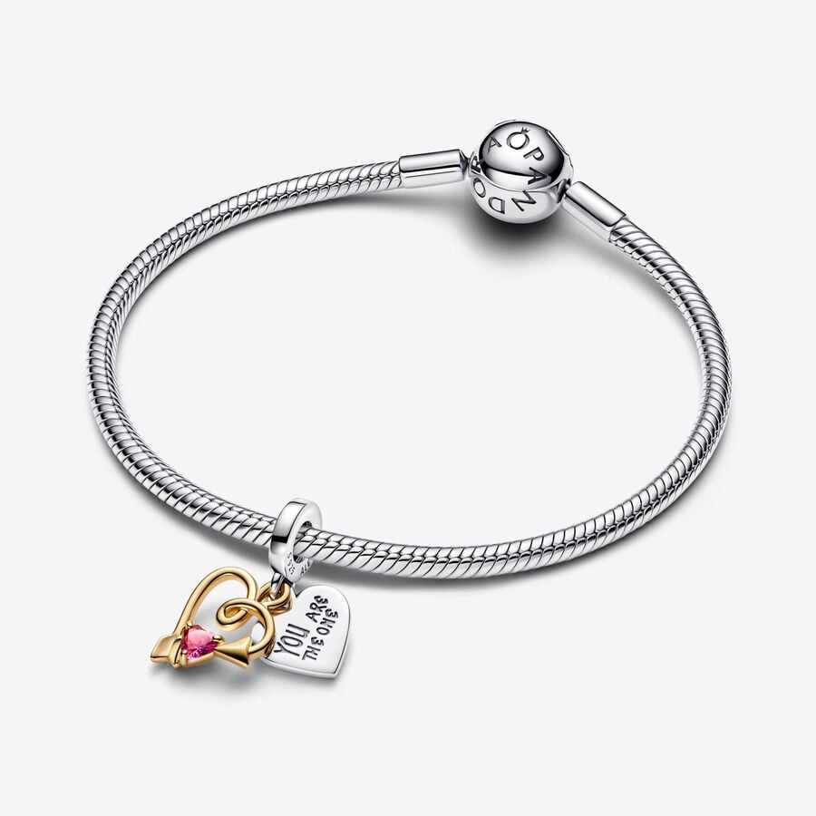 Charm Colgante Pandora Doble Corazón Grabable y Flecha Bicolor