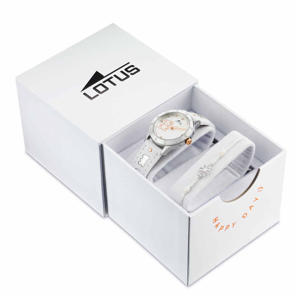 Reloj Lotus Junior Niña Piel Blanca y Esfera Plateada con Osito 18657/A