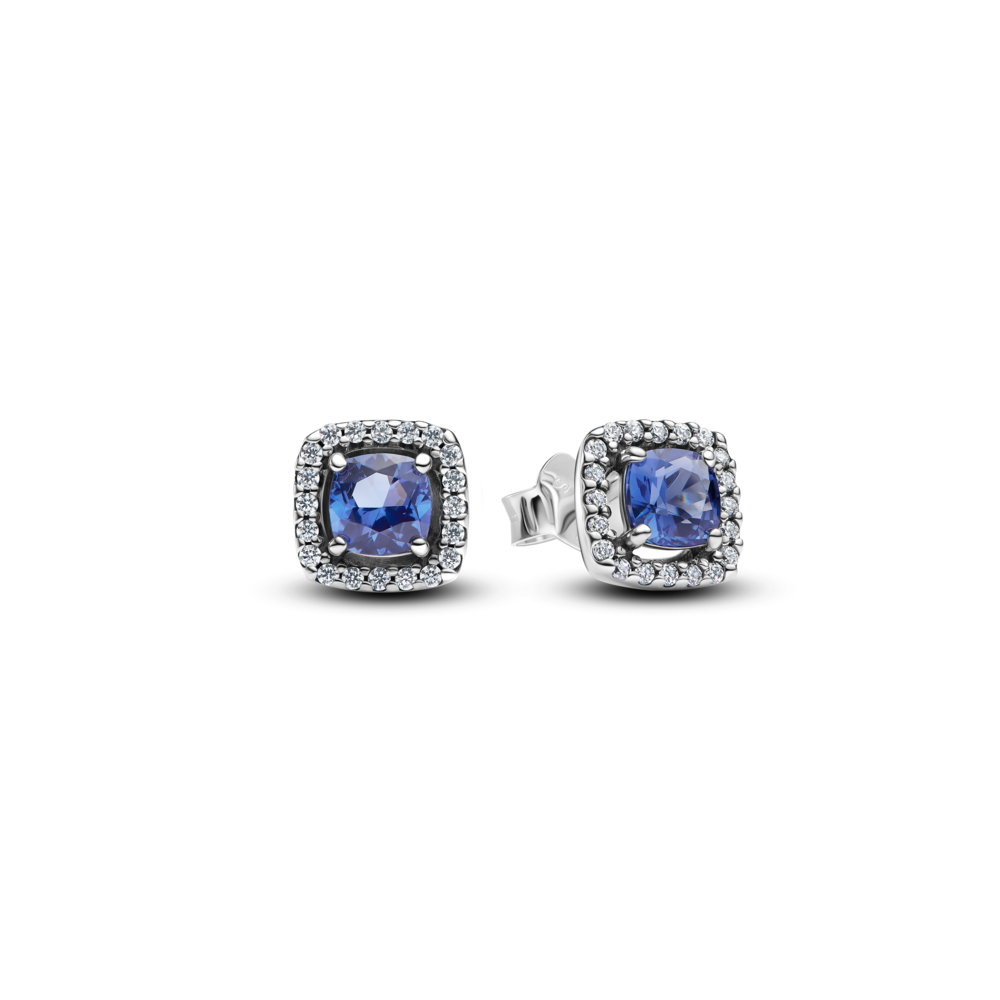 Pendientes Pandora Botón Halo Azul Cuadrado Brillante 