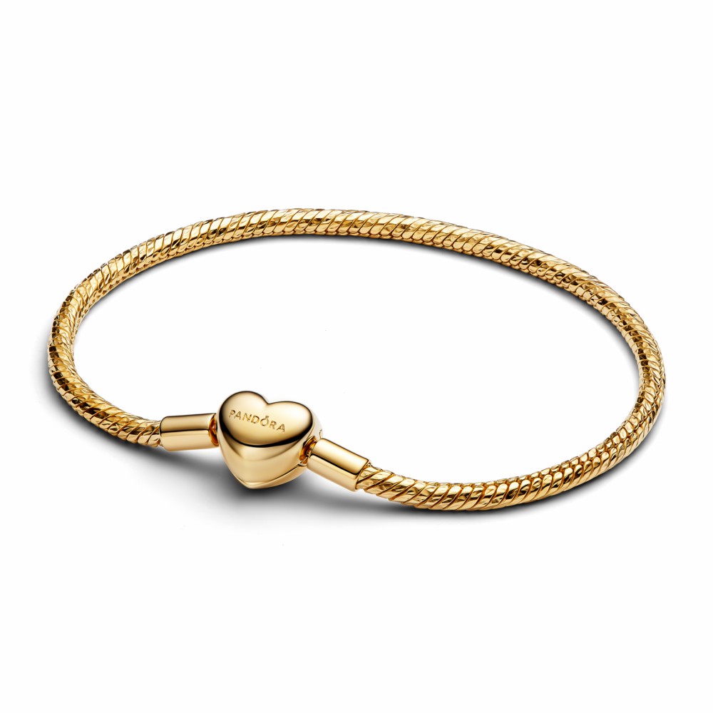 Pulsera Pandora Cadena Serpiente Cierre Corazón Facetado Grabable Dorada 564236C00