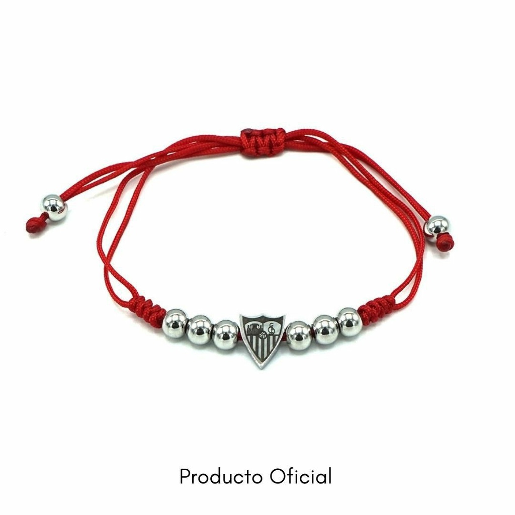 Pulsera Acero Bolas, Escudo y Macramé Rojo Sevilla CJ5009A