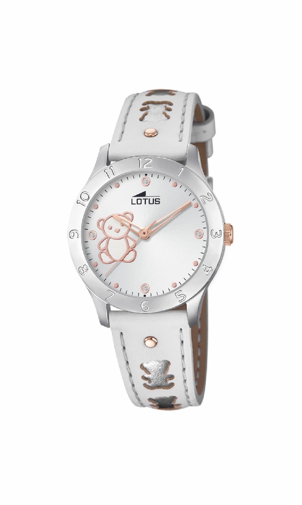 Reloj Lotus Junior Niña Piel Blanca y Esfera Plateada con Osito 18657/A
