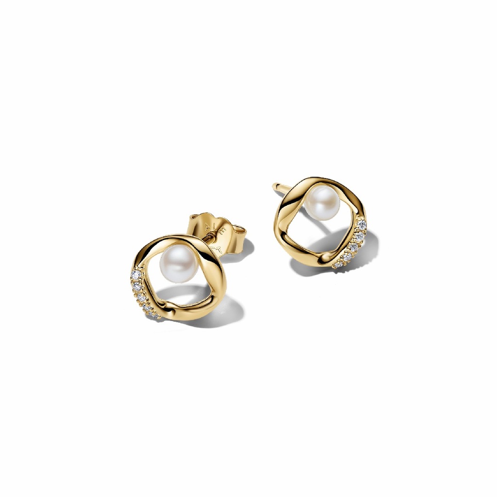 Pendientes Pandora de Botón Círculo Forma Orgánica en Pavé y Perla Cultivada de Agua Dulce 264662C01