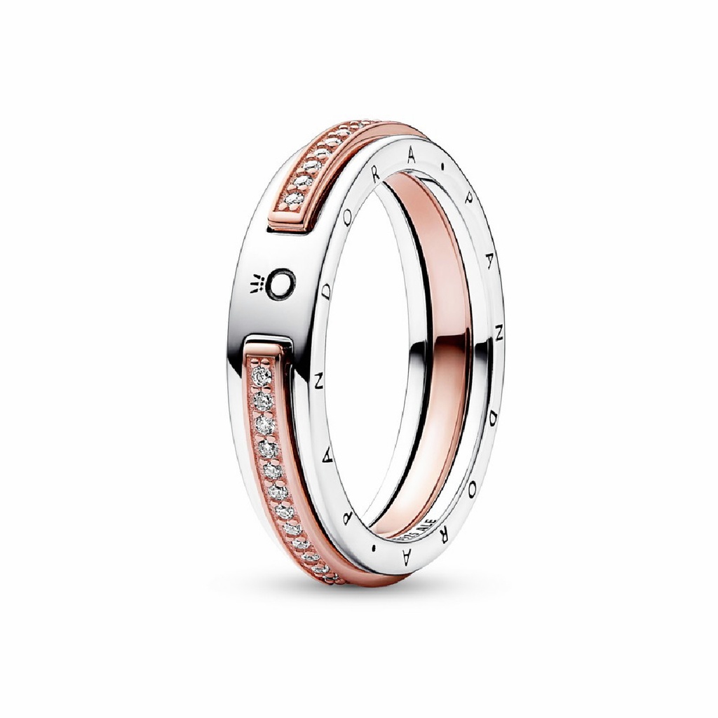Anillo Pandora Logo y Pavé en Dos Tonos