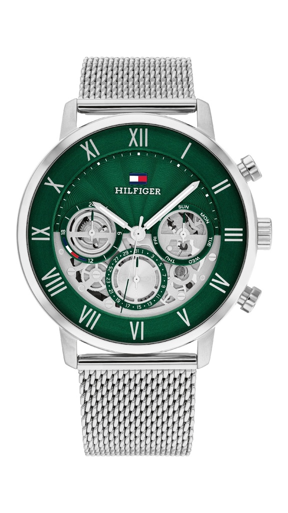 Reloj Tommy Hilfiger Hombre Skeleton Legend Acero Plateado Esfera Verde 1710567
