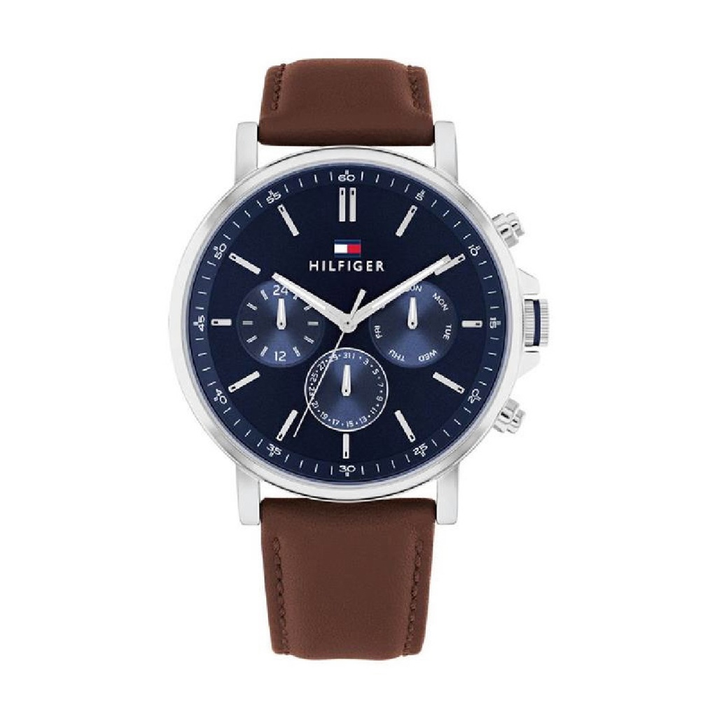 Reloj Tommy Hilfiger Hombre Tyson Multifunción Acero Piel Marro Esfera Azul 1710585