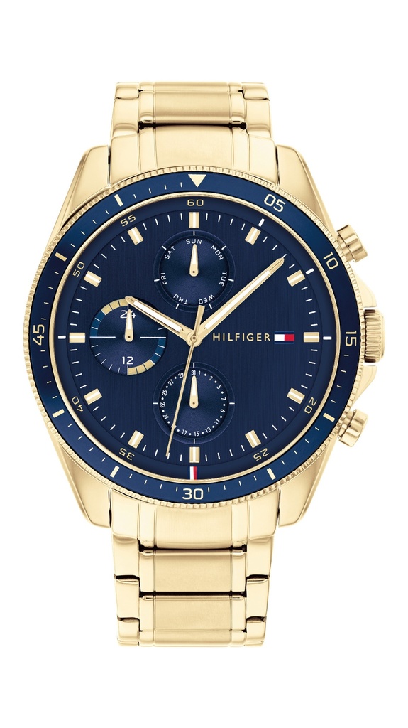 Reloj Tommy Hilfiger Hombre Parker Multifunción Acero IP Dorado Esfera Azul 1791834