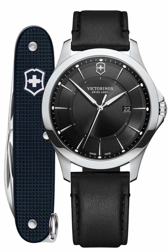 Juego de reloj Victorinox Hombre Alliance Correa cuero y esfera negra con navaja suiza negra