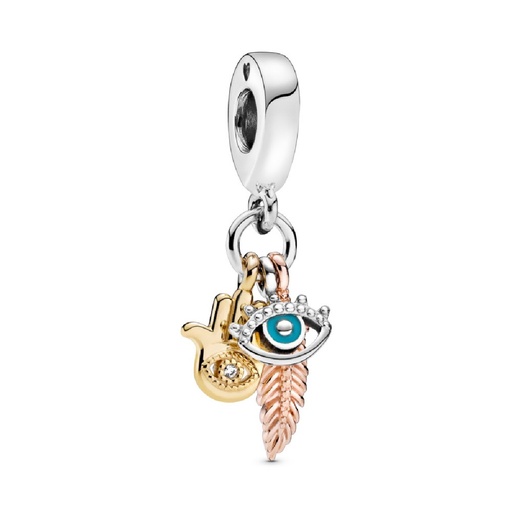 [768785C01] Charm Pandora Colgante Mano de Fátima, Ojo Turco y Pluma 768785C01