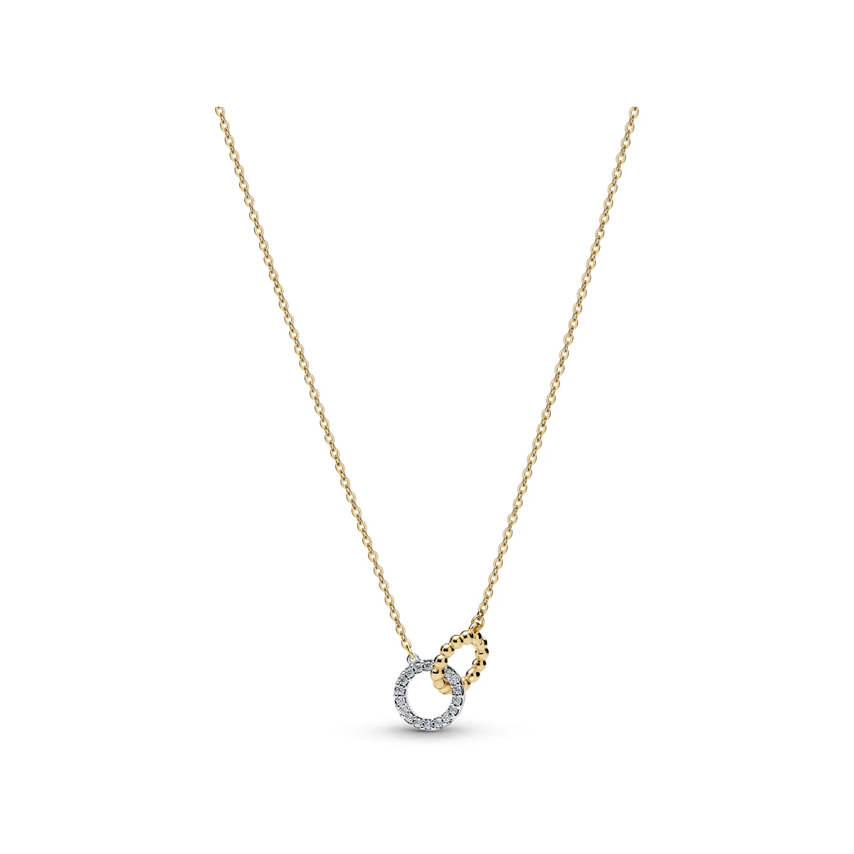 [364825C01-45] Collar en plata de ley y con un recubrimiento en oro de 14k Círculos Entrelazados Cuentas y Pavé