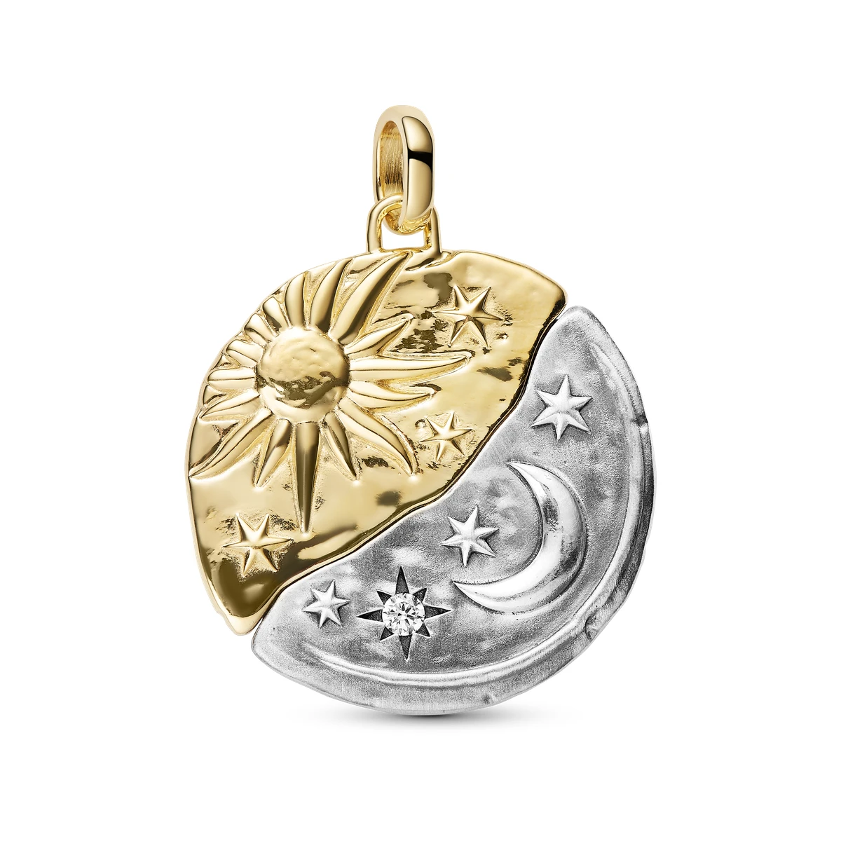 [764806C01] Charm Medallón Grande en plata de ley y con un recubrimiento en oro de 14k Sol y Luna