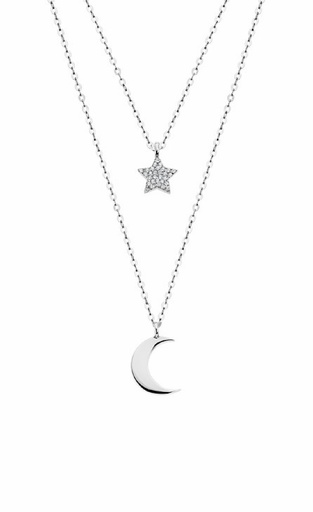 [LP1680-1/4] Collar Lotus Silver Trendy Doble Cadena Luna y Estrella Plata y Circonitas LP1680-1/4